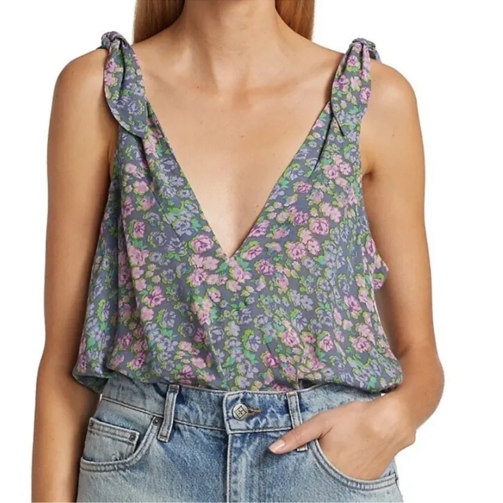 NWT Free People Bare It All Bodysuit Chambray Combo Floral Draped Boho top